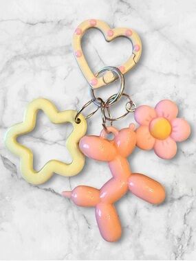 Pink Balloon Dog & Flower Keychain Charm - Kids Toy Accessory